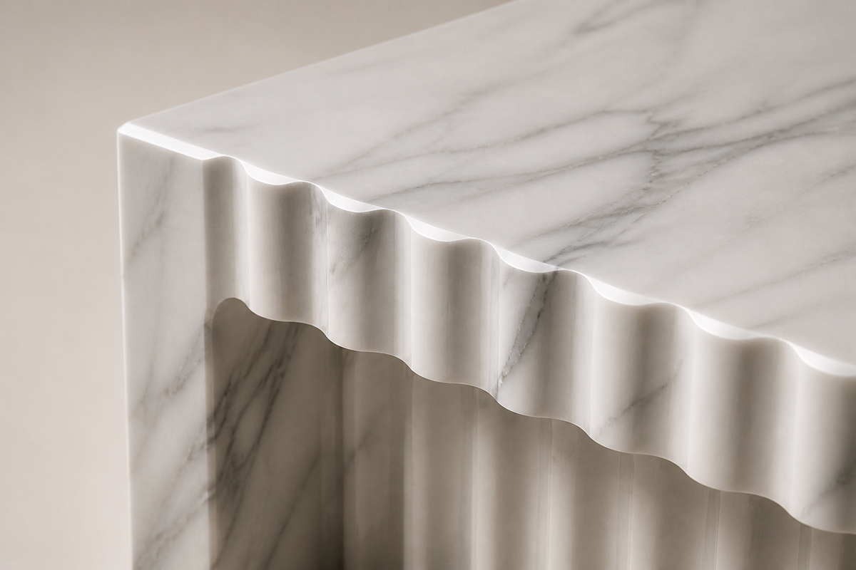 FALAJ MONOLITH BENCH I, close studio detail of the surface and material