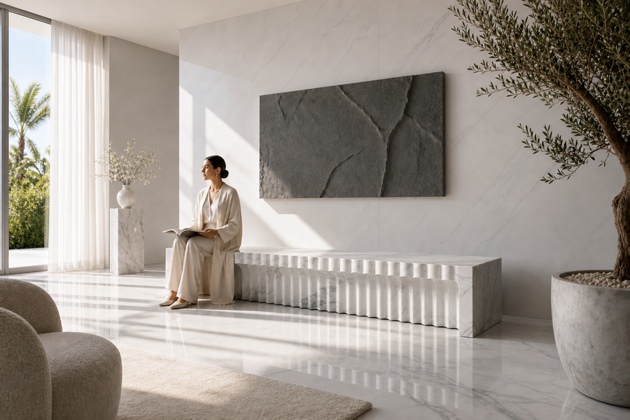 FALAJ MONOLITH BENCH I, shown in a room setting, at full scale