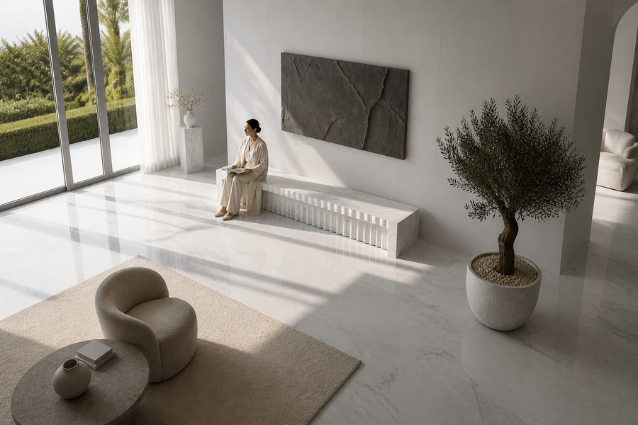 FALAJ MONOLITH BENCH I, overhead view in a room setting