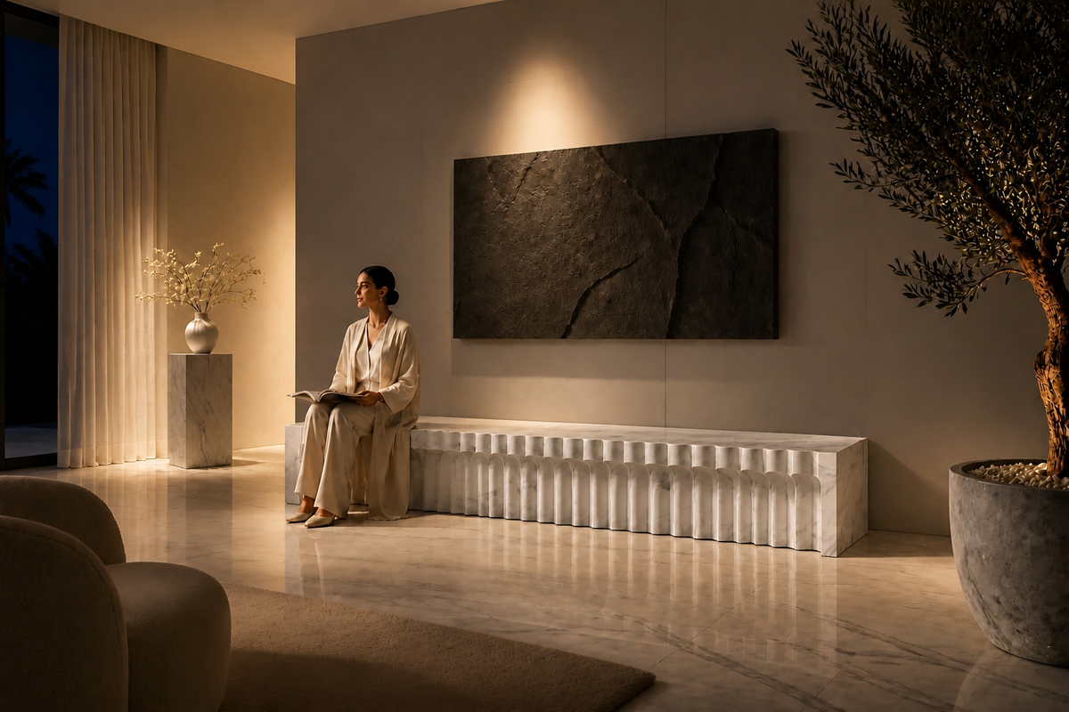 FALAJ MONOLITH BENCH I, in a room setting under evening light