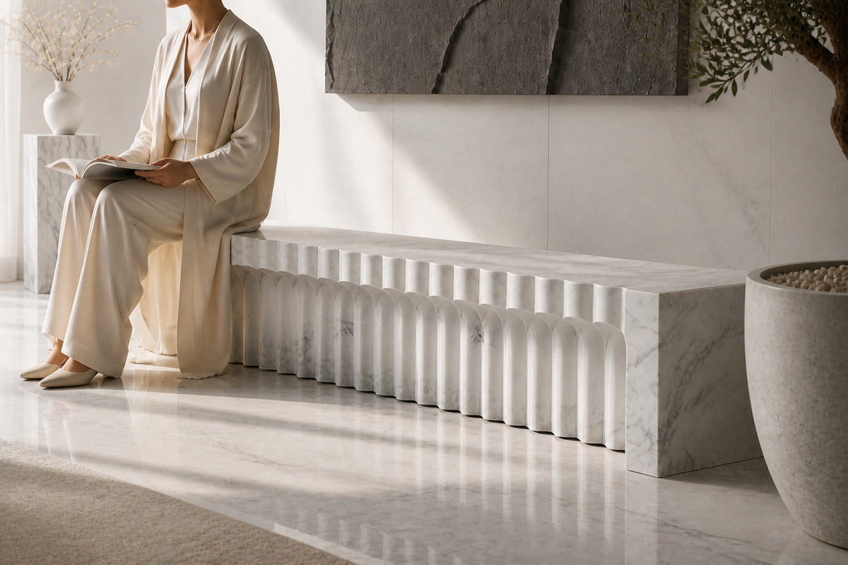 FALAJ MONOLITH BENCH I, close view of the form in its setting