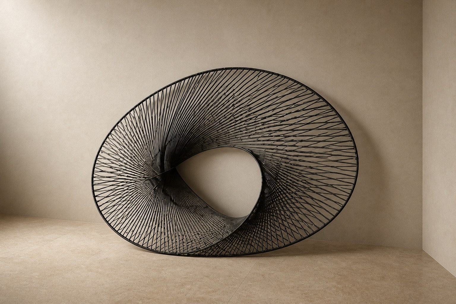 Elliptical woven-wire form twisting into a saddle, in charcoal and silver-grey.