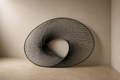 Elliptical woven-wire form twisting into a saddle, in charcoal and silver-grey.