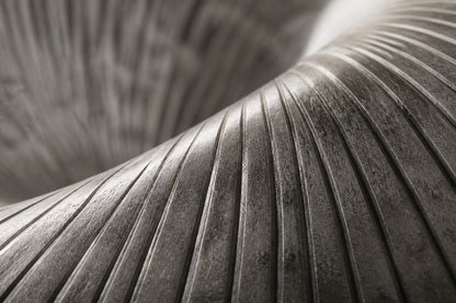 Elliptical woven-wire form twisting into a saddle, in charcoal and silver-grey.