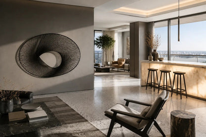 Elliptical woven-wire form twisting into a saddle, in charcoal and silver-grey.