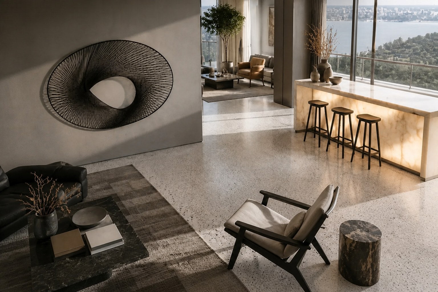Elliptical woven-wire form twisting into a saddle, in charcoal and silver-grey.