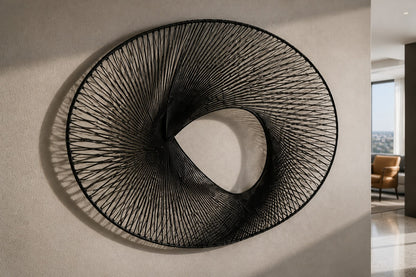 Elliptical woven-wire form twisting into a saddle, in charcoal and silver-grey.