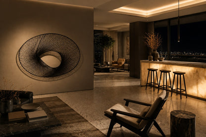 Elliptical woven-wire form twisting into a saddle, in charcoal and silver-grey.