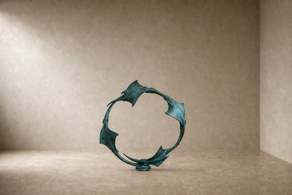 Blue-patinated bronze ring sculpture Farallon Ø60, four winged forms overlapping into a circle, on a black granite block.