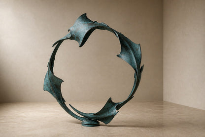 Blue-patinated bronze ring sculpture Farallon Ø60, four winged forms overlapping into a circle, on a black granite block.