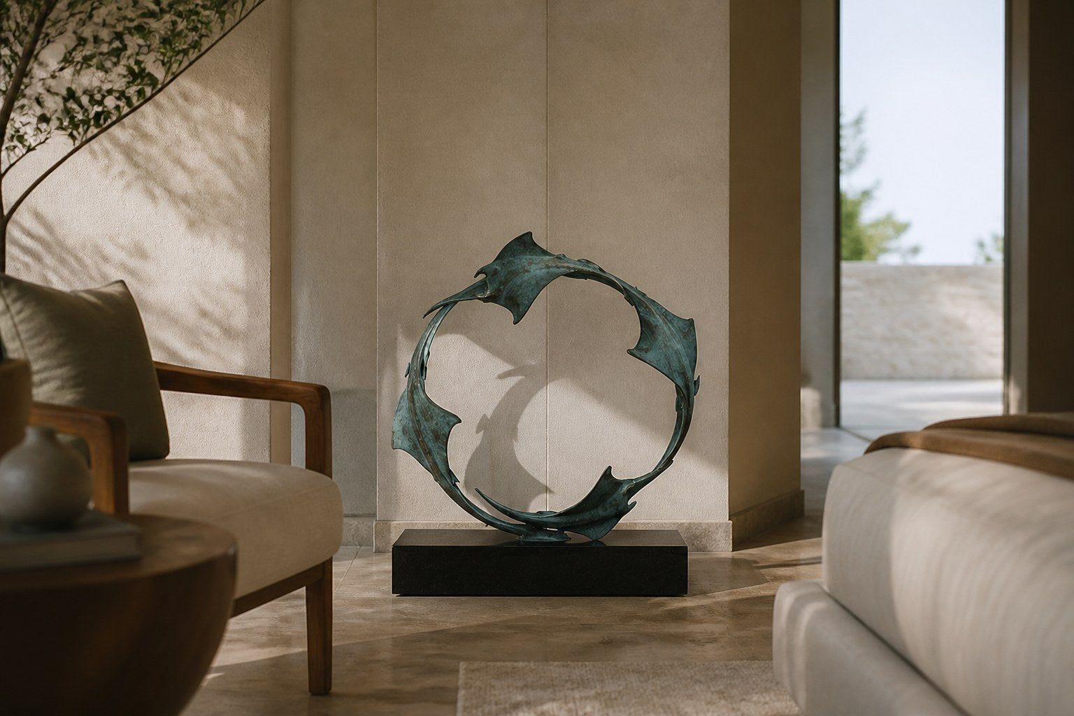 Blue-patinated bronze ring sculpture Farallon Ø60, four winged forms overlapping into a circle, on a black granite block.