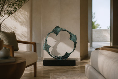 Blue-patinated bronze ring sculpture Farallon Ø60, four winged forms overlapping into a circle, on a black granite block.