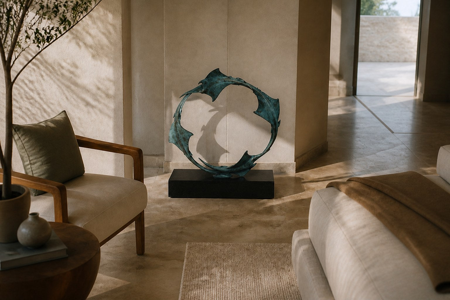 Blue-patinated bronze ring sculpture Farallon Ø60, four winged forms overlapping into a circle, on a black granite block.