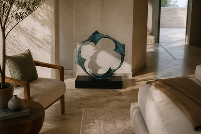 Blue-patinated bronze ring sculpture Farallon Ø60, four winged forms overlapping into a circle, on a black granite block.