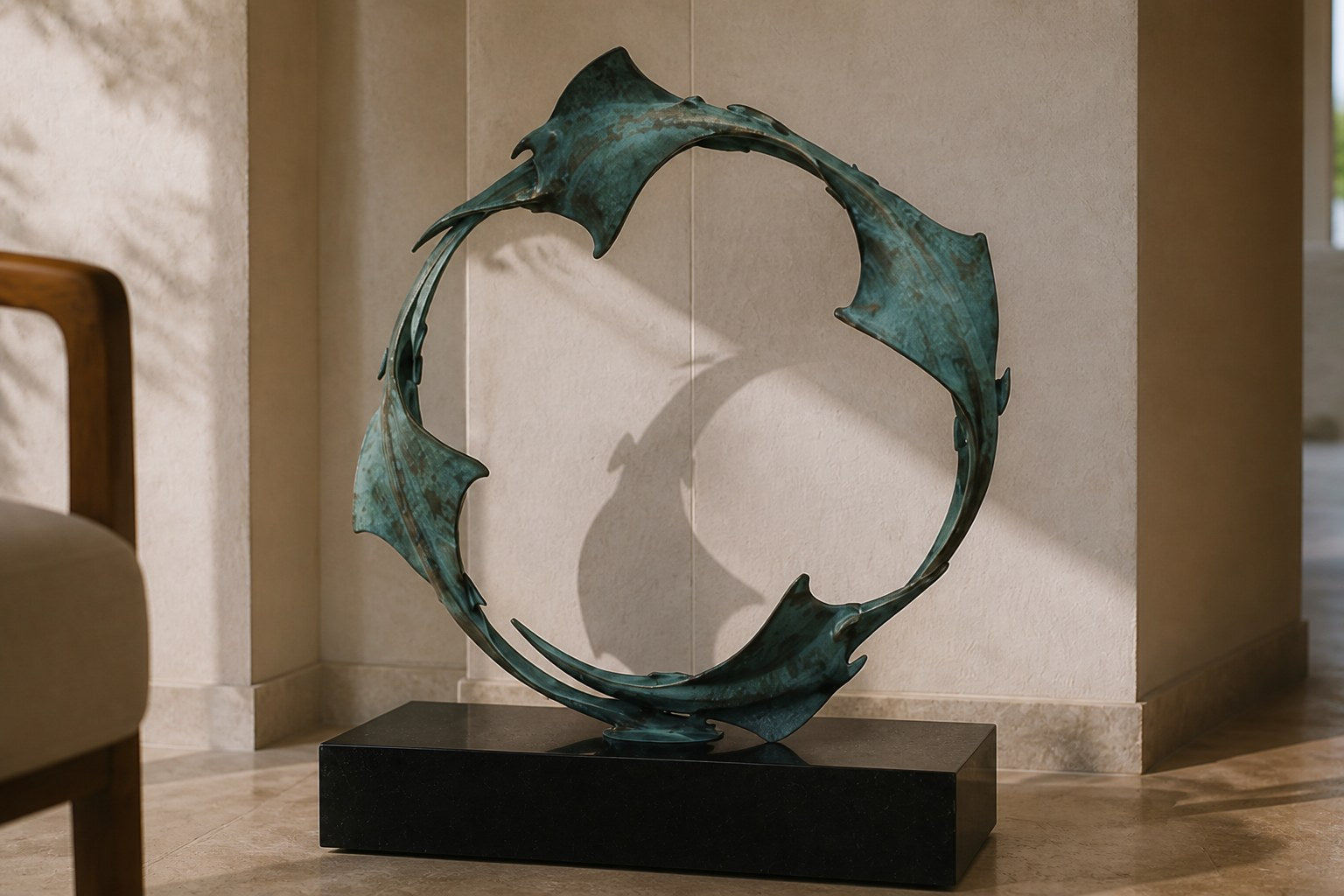 Blue-patinated bronze ring sculpture Farallon Ø60, four winged forms overlapping into a circle, on a black granite block.