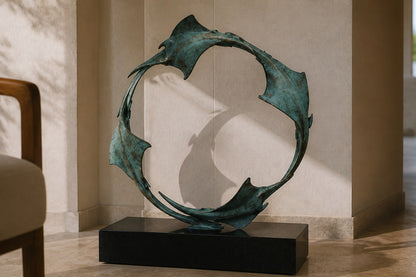 Blue-patinated bronze ring sculpture Farallon Ø60, four winged forms overlapping into a circle, on a black granite block.