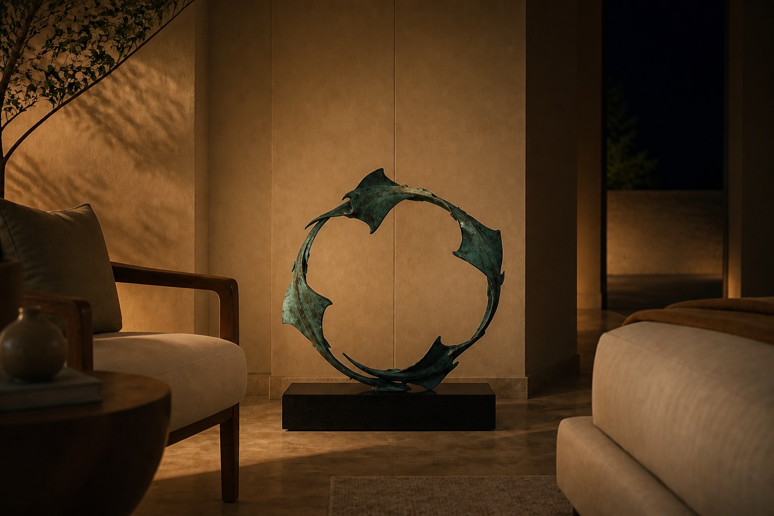 Blue-patinated bronze ring sculpture Farallon Ø60, four winged forms overlapping into a circle, on a black granite block.