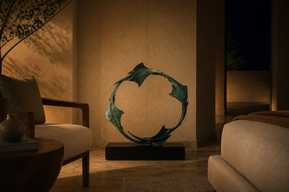 Blue-patinated bronze ring sculpture Farallon Ø60, four winged forms overlapping into a circle, on a black granite block.