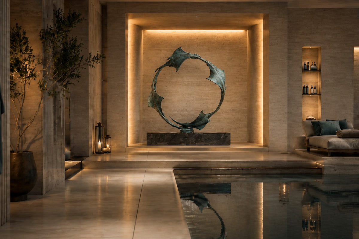 Blue-patinated bronze ring sculpture Farallon Ø60, four winged forms overlapping into a circle, on a black granite block.