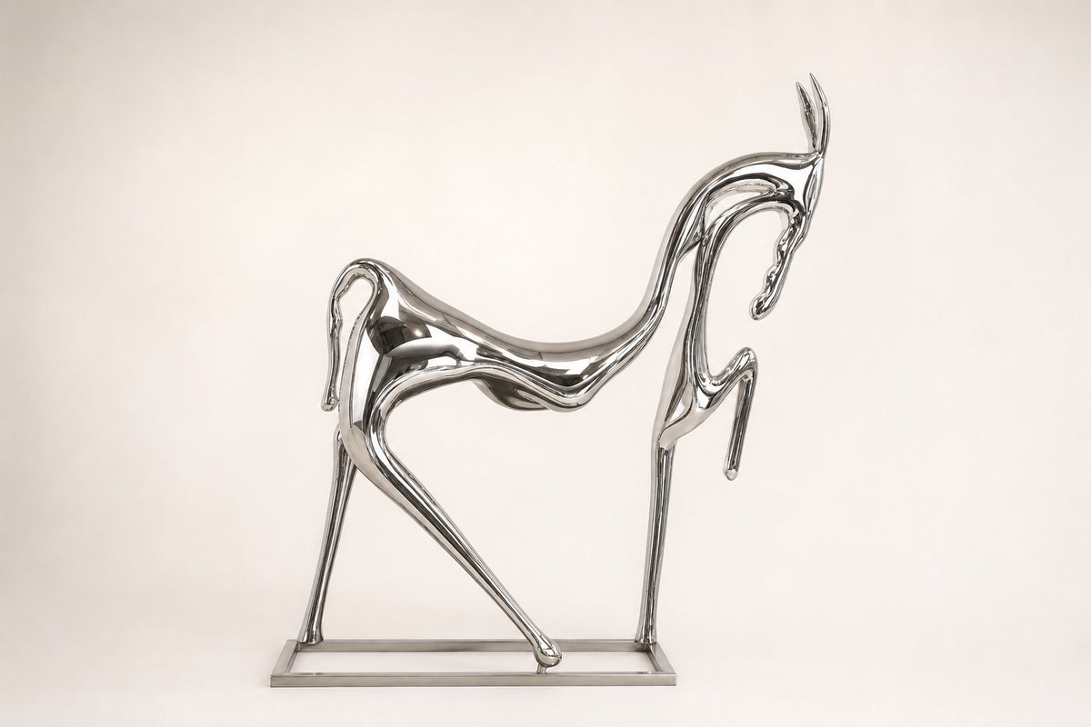 Faras — 235 cm tall mirror-polished steel horse sculpture in slender stylised form, studio view of the whole piece