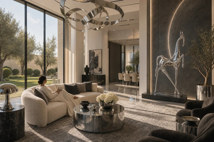 Faras — 235 cm tall mirror-polished steel horse sculpture in slender stylised form, placed in a furnished room
