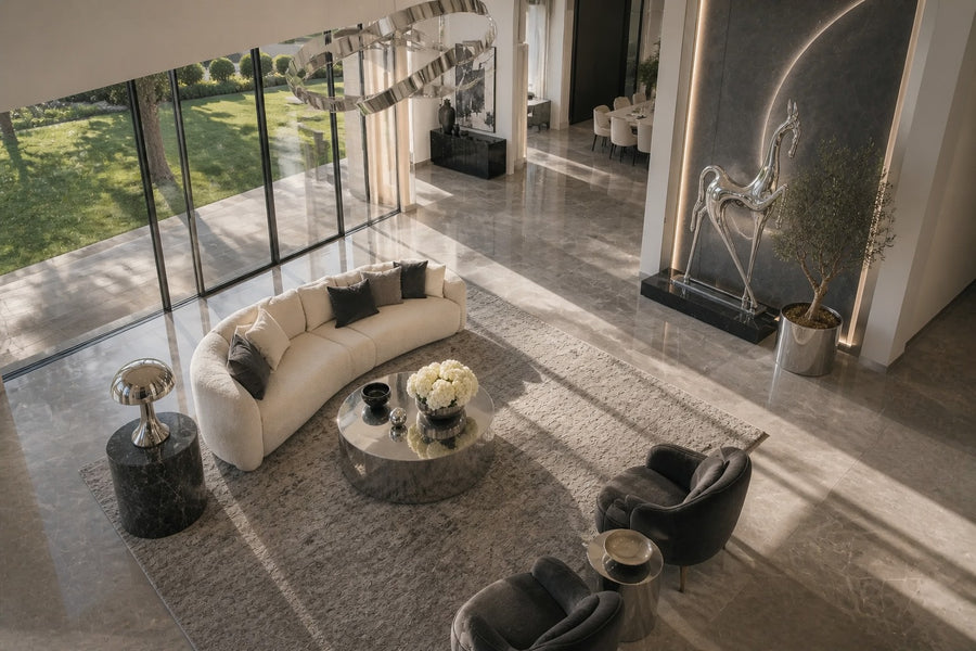 Faras — 235 cm tall mirror-polished steel horse sculpture in slender stylised form, seen from above in the room