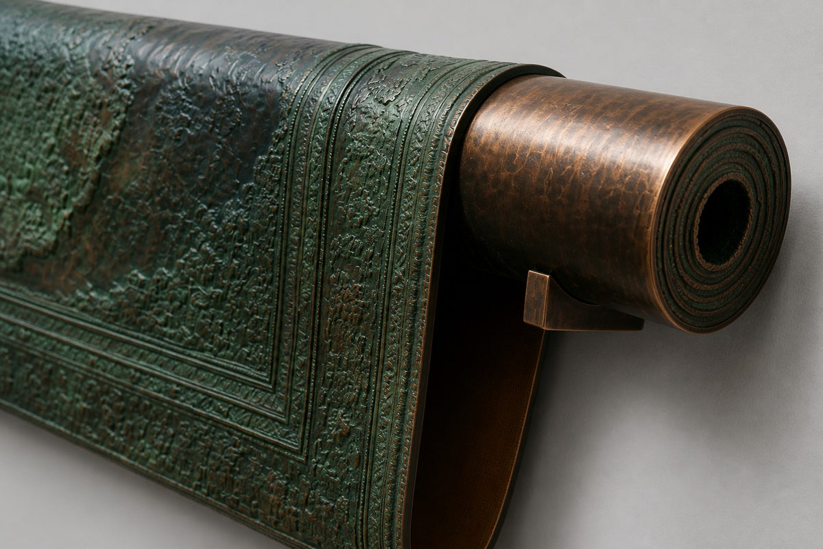 Farsh — patinated bronze wall sculpture of a partly rolled Persian carpet, close detail of the surface and edge