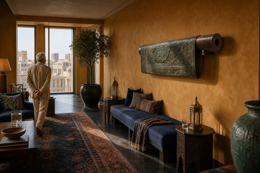 Farsh — patinated bronze wall sculpture of a partly rolled Persian carpet, installed on the wall of a furnished room