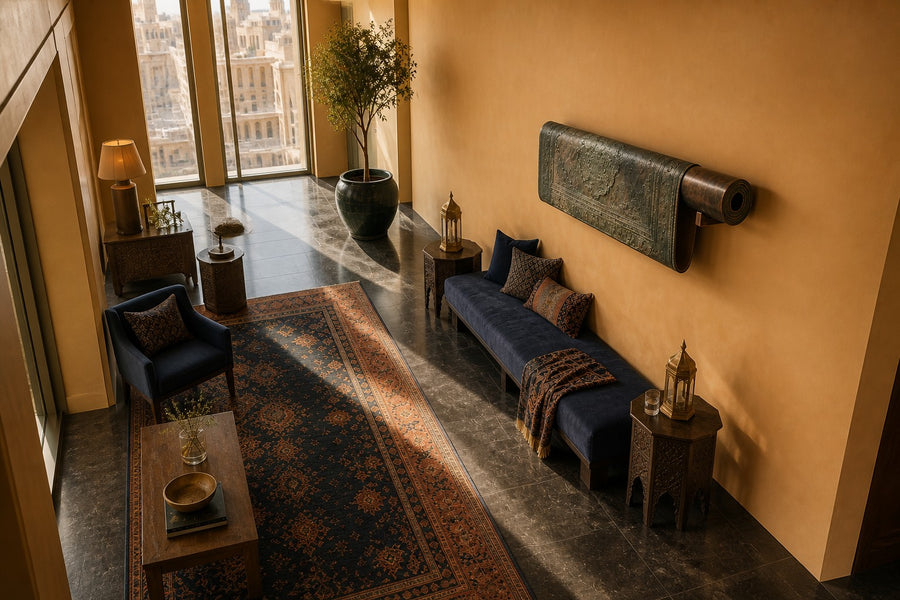 Farsh — patinated bronze wall sculpture of a partly rolled Persian carpet, seen from above in the room
