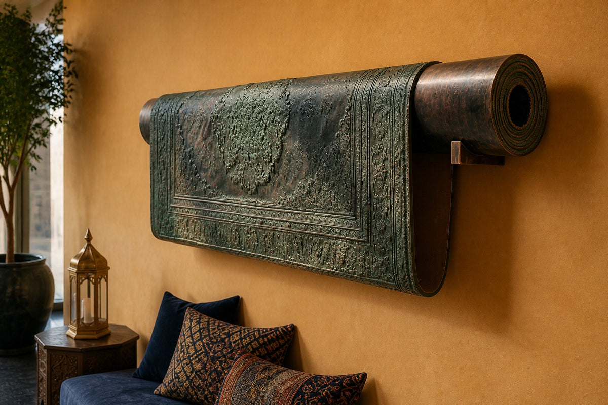 Farsh — patinated bronze wall sculpture of a partly rolled Persian carpet, close view on the wall