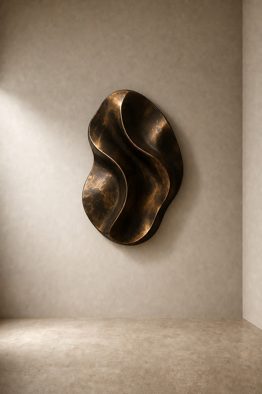 Fascia — 90 × 130 cm bronze wall relief of a folded oval ribbon, three-quarter studio view showing its profile