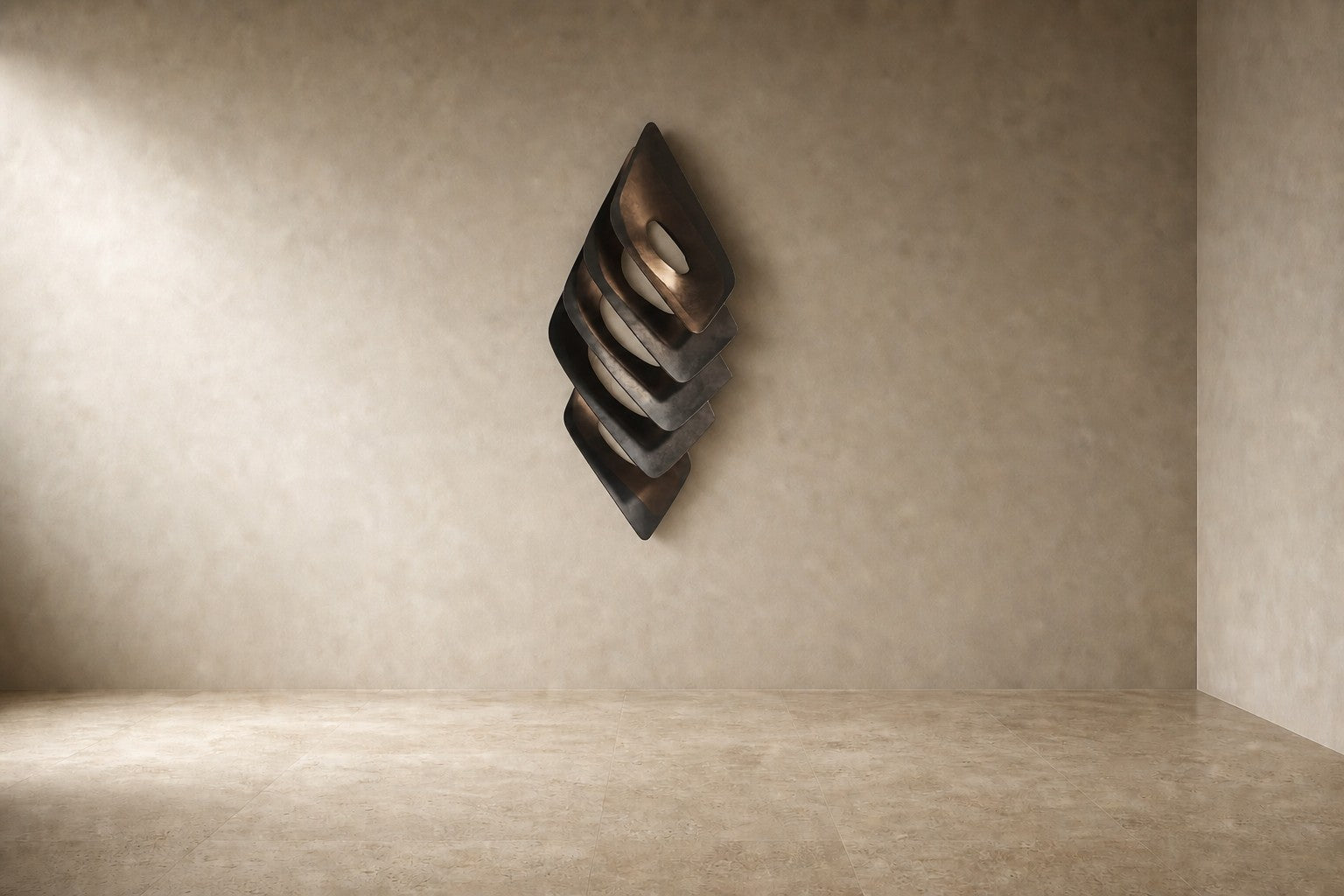 Dark bronze bronze wall sculpture Gemma, a single faceted lozenge in shallow relief, on a plaster wall.