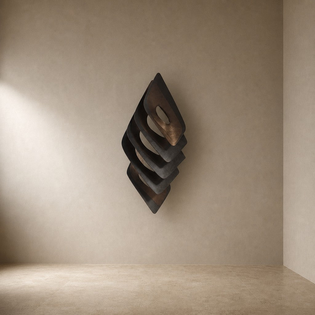 Dark bronze bronze wall sculpture Gemma, a single faceted lozenge in shallow relief, on a plaster wall.