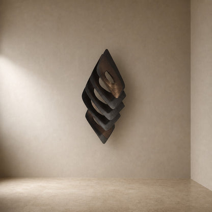 Dark bronze bronze wall sculpture Gemma, a single faceted lozenge in shallow relief, on a plaster wall.