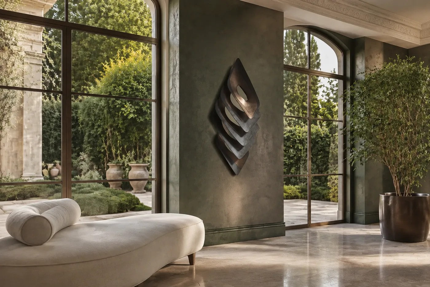 Dark bronze bronze wall sculpture Gemma, a single faceted lozenge in shallow relief, on a plaster wall.