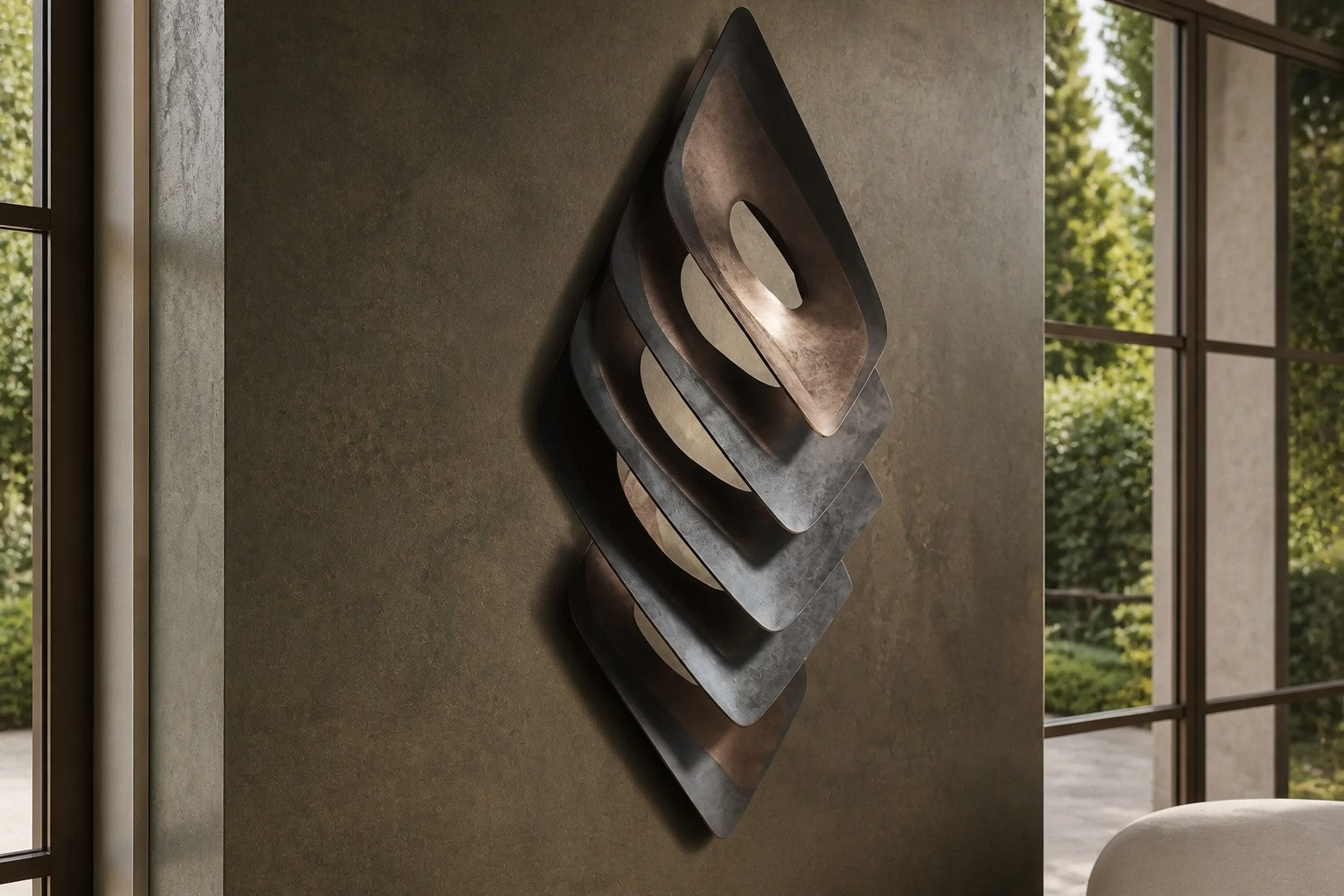 Dark bronze bronze wall sculpture Gemma, a single faceted lozenge in shallow relief, on a plaster wall.