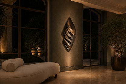 Dark bronze bronze wall sculpture Gemma, a single faceted lozenge in shallow relief, on a plaster wall.
