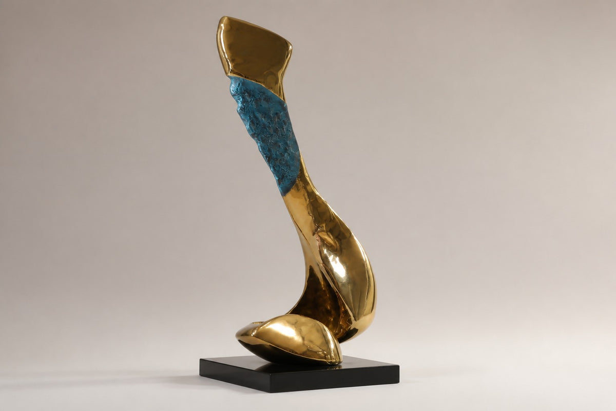 Fayruz — polished gold and turquoise curved sculpture on a black base, studio side angle showing its depth