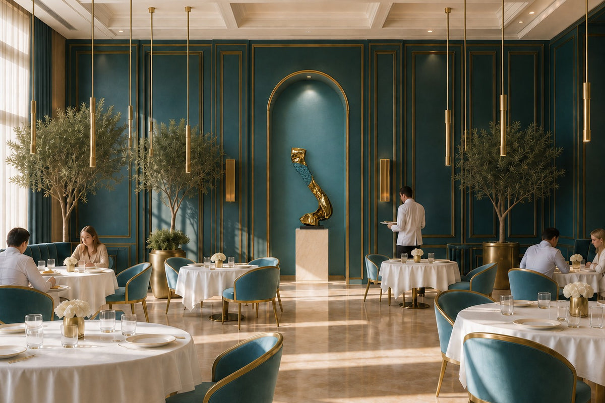 Fayruz — polished gold and turquoise curved sculpture on a black base, placed in a furnished room