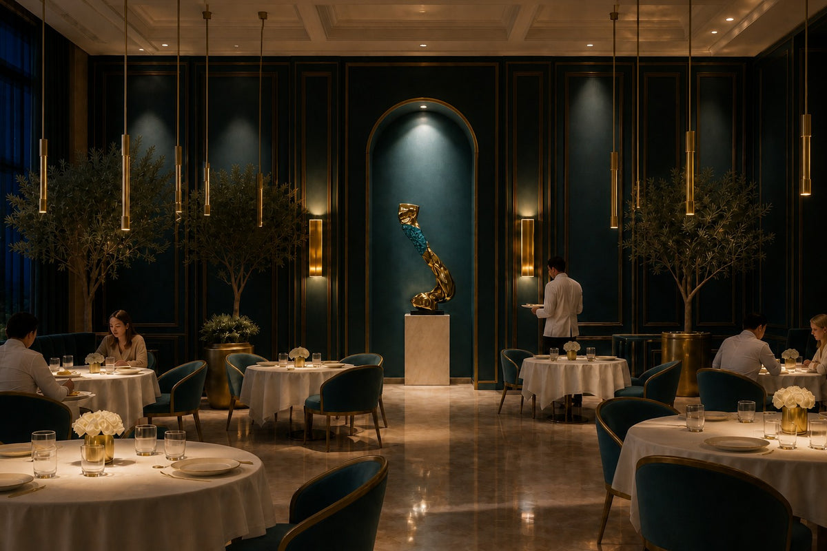Fayruz — polished gold and turquoise curved sculpture on a black base, the same room at night, lamps on