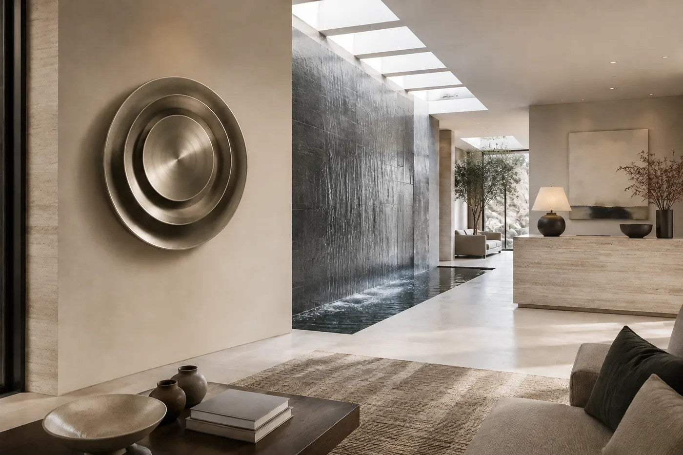Bright silver stainless steel wall sculpture Plata, nested spun dishes stepping to a turned centre, on a plaster wall.