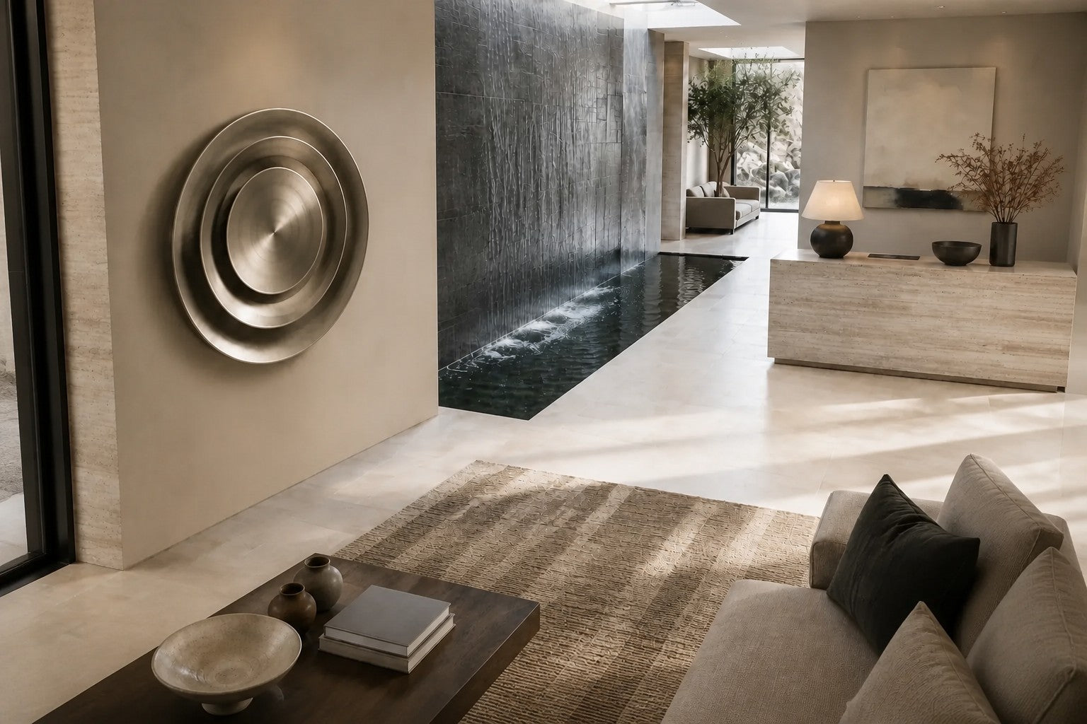 Bright silver stainless steel wall sculpture Plata, nested spun dishes stepping to a turned centre, on a plaster wall.