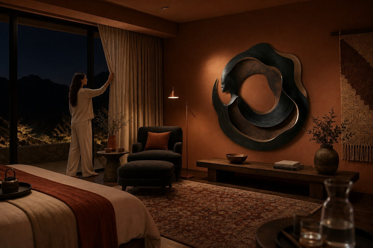 Figura — bronze and copper circular wall sculpture with a woman's profile, the same room at night, lamps on