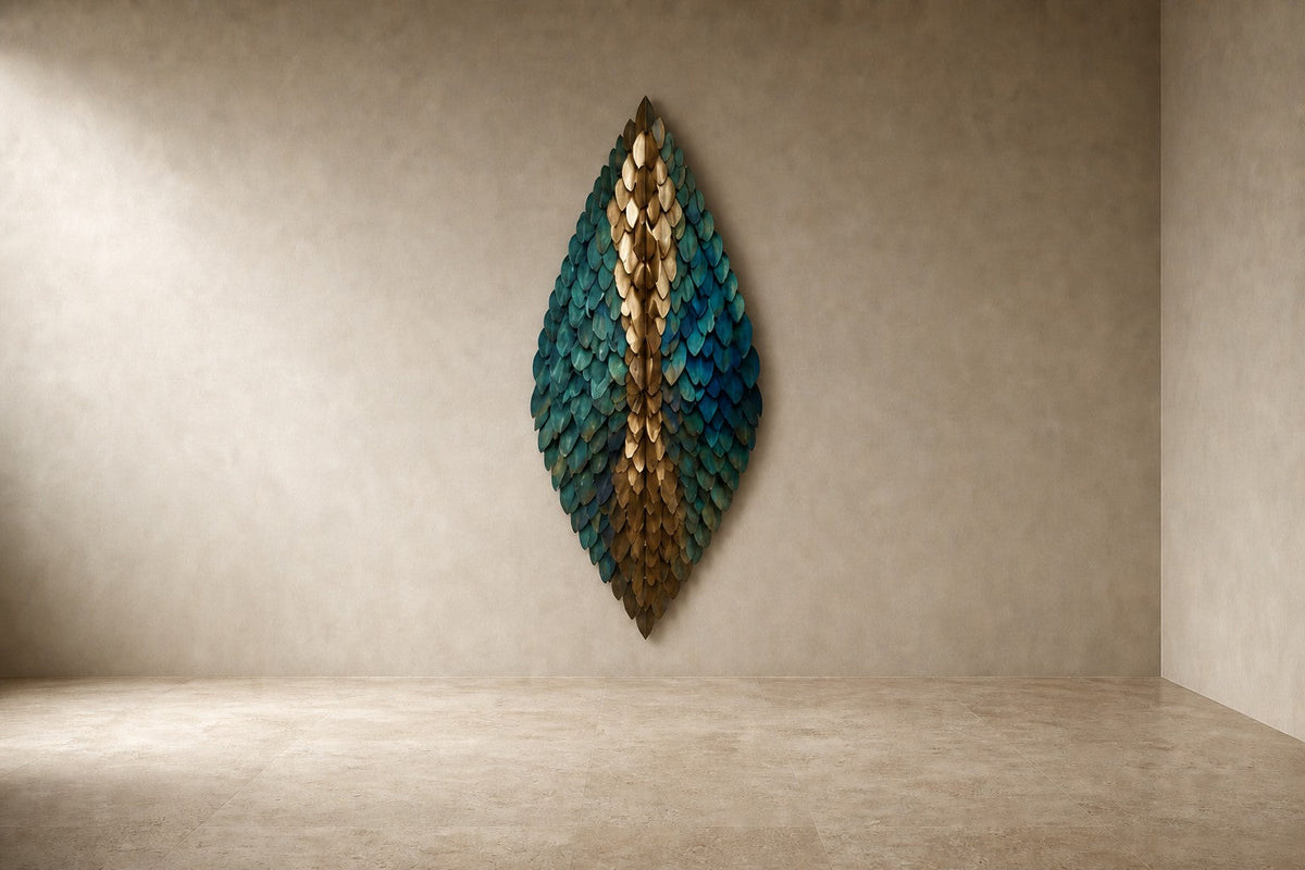 Firuz — 90 × 180 cm diamond-shaped wall sculpture of teal enamel and gold scales on a central spine, studio view of the whole piece
