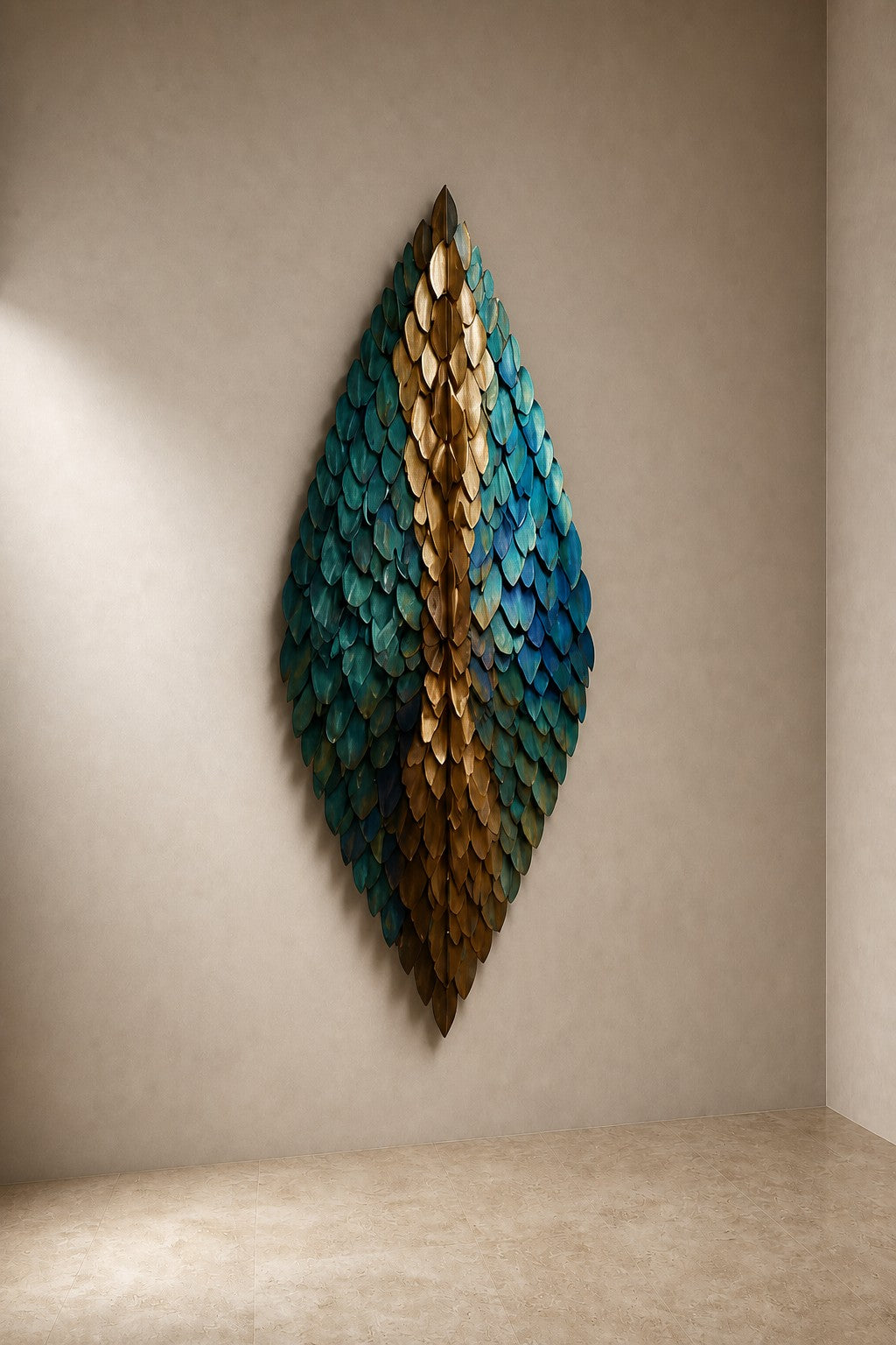 Firuz — 90 × 180 cm diamond-shaped wall sculpture of teal enamel and gold scales on a central spine, three-quarter studio view showing its profile