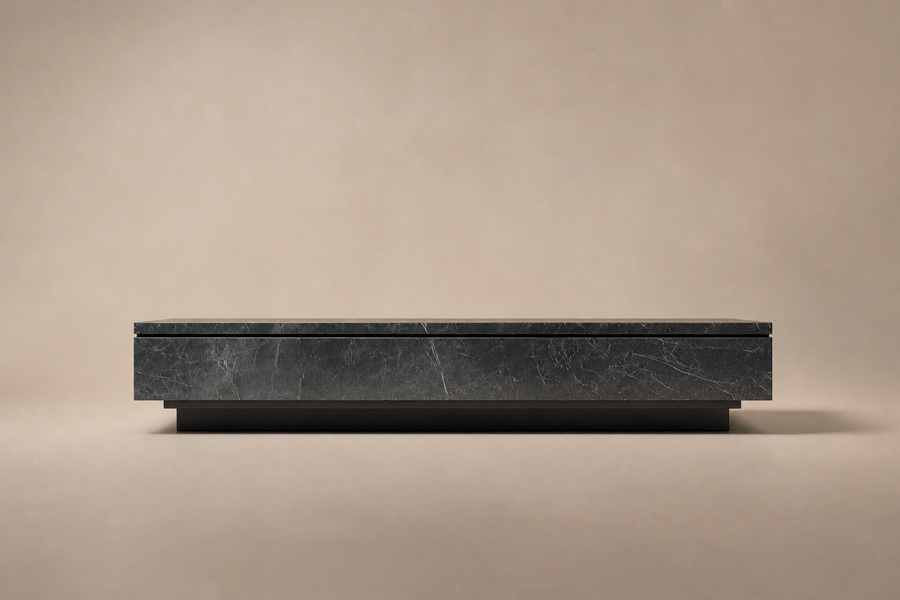 Floating Slab Base black marble plinth base by 1-OPH, side elevation