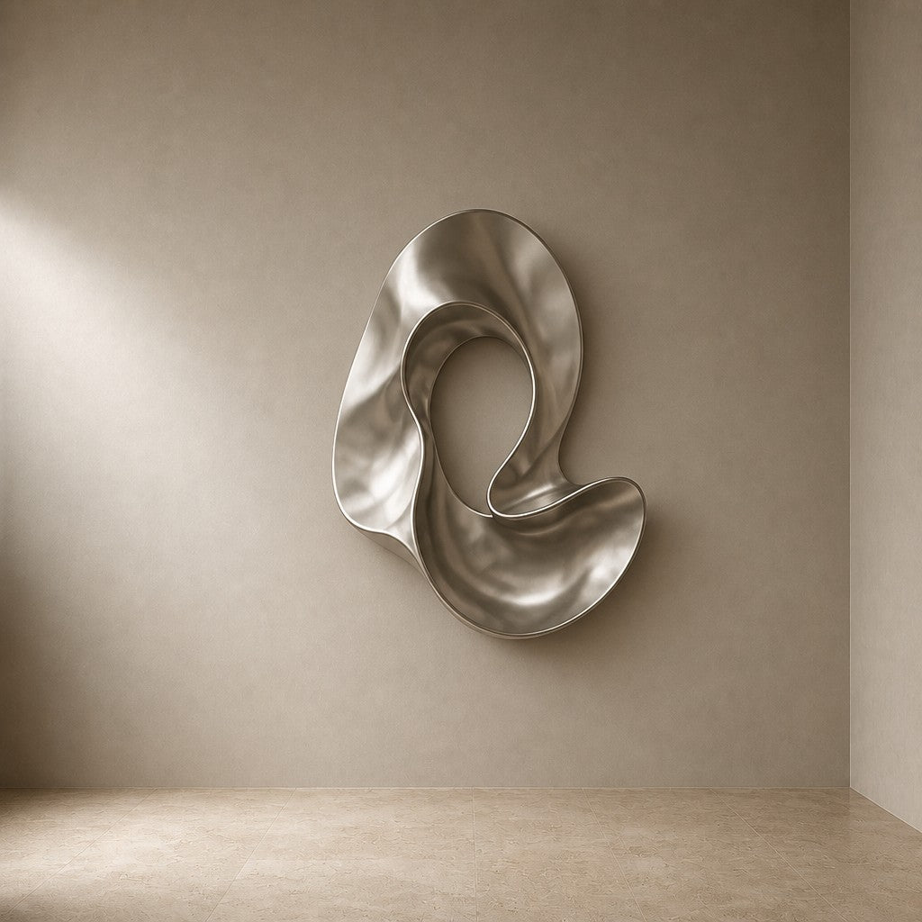 Fluente — 110 × 120 cm polished steel wall sculpture of a folded flowing ribbon, three-quarter studio view showing its profile