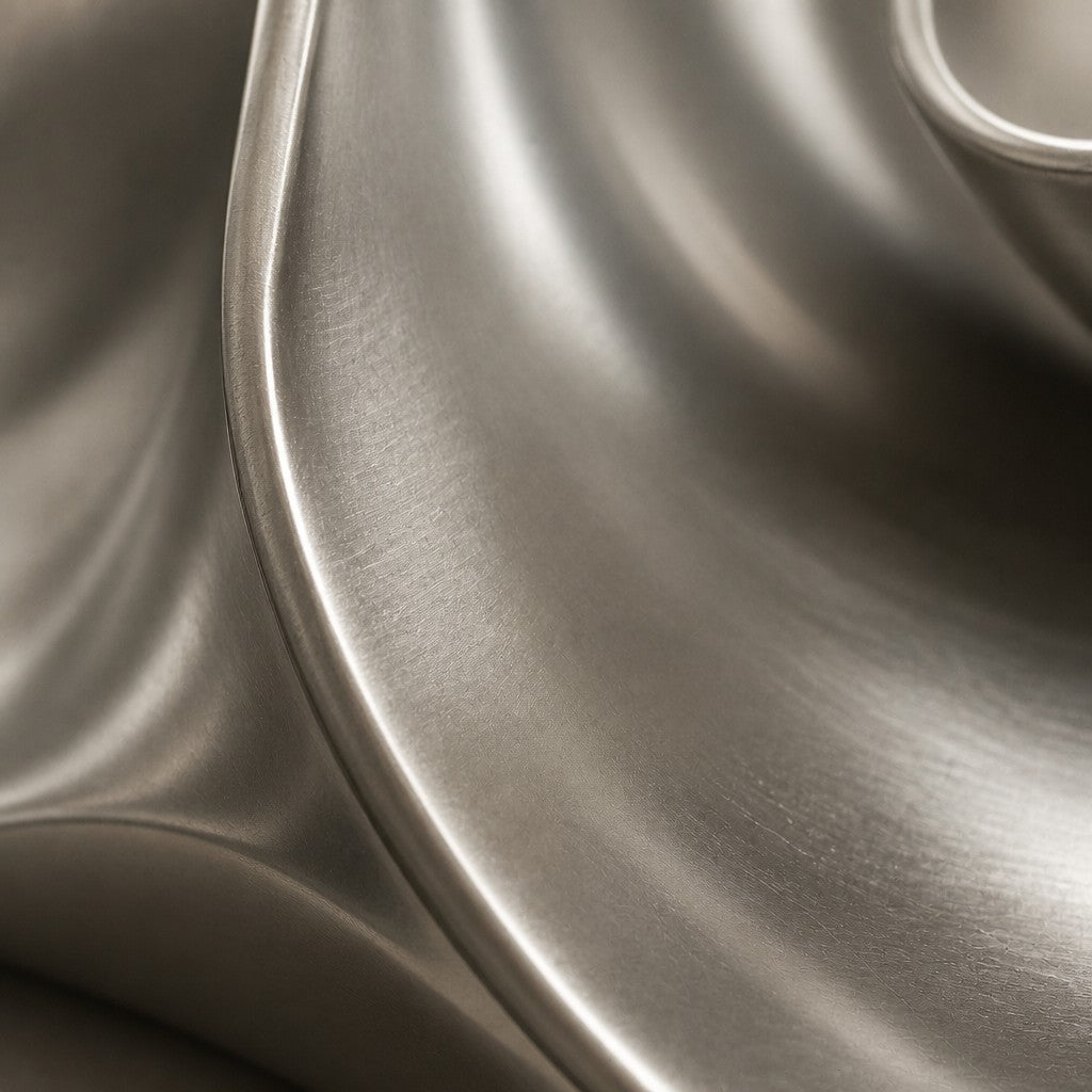 Fluente — 110 × 120 cm polished steel wall sculpture of a folded flowing ribbon, close studio detail of the surface and material