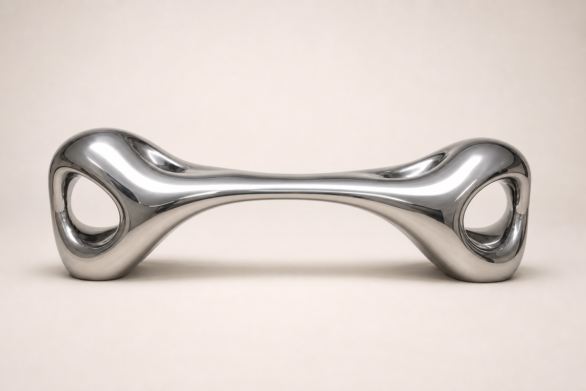 Fluidis Bench — Mirror-Polished Stainless Steel Sculpture Bench, studio view of the whole piece