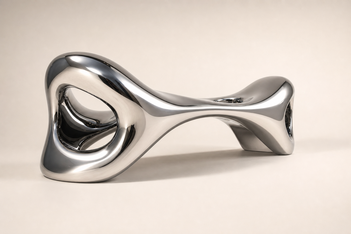 Fluidis Bench — Mirror-Polished Stainless Steel Sculpture Bench, three-quarter studio view showing its profile